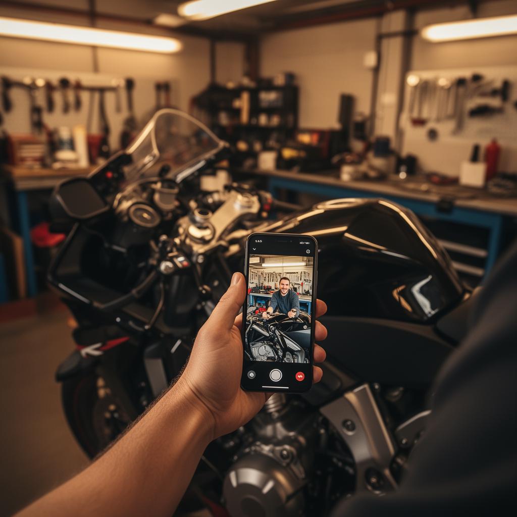 Mechanic on a video call holding a phone over a motorcycle engine